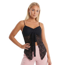 (L, Black) Women’s Lace Halter Tank Tops Summer Fashionable Spaghetti Strap Handkerchief Hem Sheer Vest
