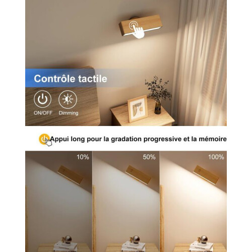 2 Pack Indoor Wooden Wall Sconce Wireless USB Rechargeable Adjustable Brightness Wall Light