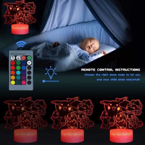 3D Pikachu Night Light LED Bedside Lamp with Remote Control, 16 Color Changing, USB Powered 2
