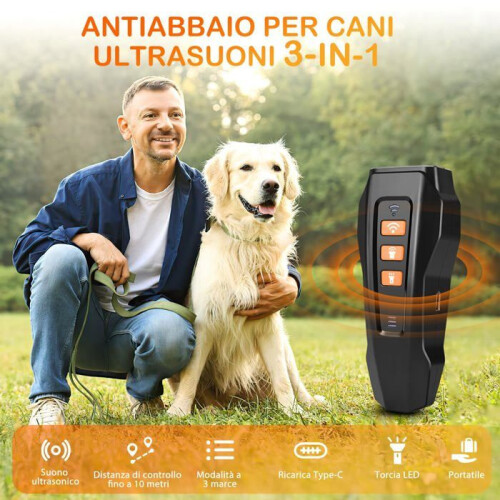 Ultrasonic Dog Bark Deterrent Device with Automatic Activation, 10M Range, LED Flashlight for Outdoor Use 1