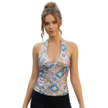 (XL, Silver) Women's Halter Neck Sequin Tops Sleeveless Open Back Slim Fit Tank Tops Summer Shirts