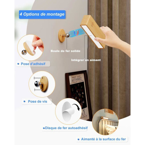 2 Pack Indoor Wooden Wall Sconce Wireless USB Rechargeable Adjustable Brightness Wall Light 1