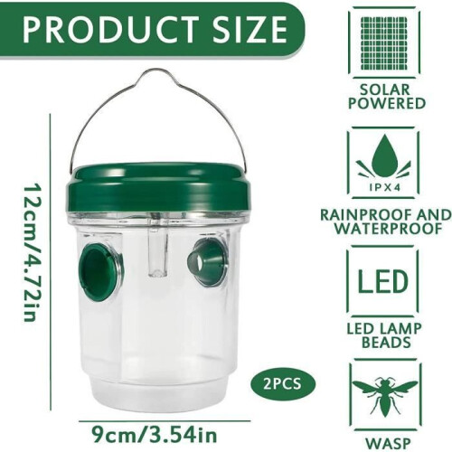 Set di 2 trappole solari da appendere per vespe con luce LED, riutilizzabili per mosche e calabroni, ideali per uso esterno. 1
