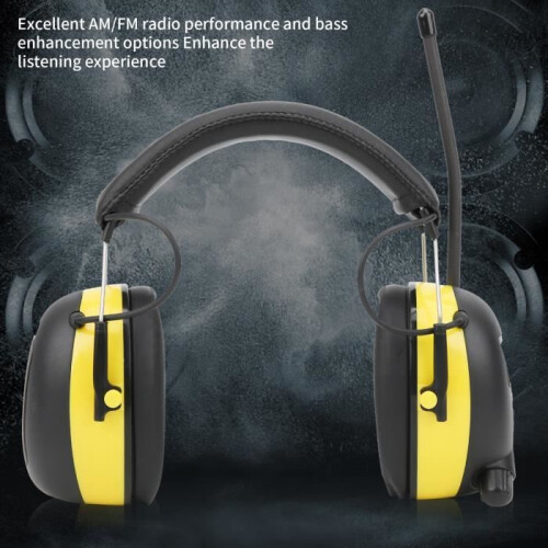 Cuffie antirumore elettroniche con radio AM/FM, bianche e gialle, comode e regolabili. 1