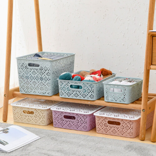 Plastic storage box with lid and creative hollowed-out pattern tabletop storage basket 1
