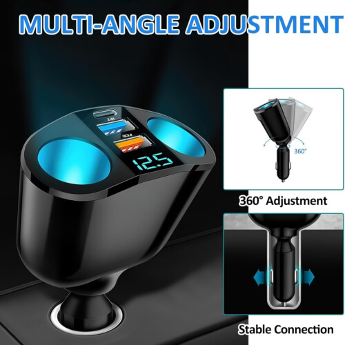 120W Car Cigarette Lighter Multi Socket, Car Multi-Socket Lighter Extension, Double Cigarette Adaptor Charger with LED VoltmeterPhone GPS Dash C 1