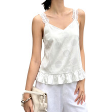 (XL, Creamy White) Women Dot Print Camisoles Lace Trim Spaghetti Strap V Neck Ruffled Hem Backless Tops for Summer Going Out