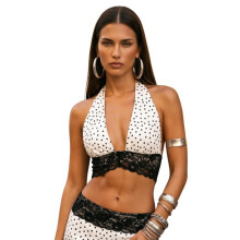 (M, White) Women's Summer Halter Neck Tops Elegant Dot Print Sleeveless Open Back Crop Vest for Party Daily Wear