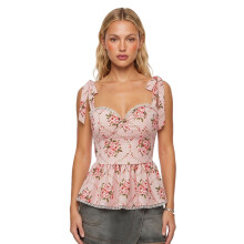 (S, Pink) Women's Summer Tie Shoulder Camisoles Sleeveless Open Back Floral Babydoll Tank Tops