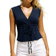(L, Navy Blue) Women’s Sleeveless Tank Tops Summer Solid Color Slim Fit Deep V Neck Bow Tie Front Babydoll Vest