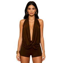 (S, Dark Brown) Women's Summer Club Outfits Backless Rompers Rave Date Night Twist Knot Halter Shorts Party Jumpsuits
