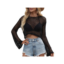 (XL, Black) Women Wool Knitwear, Solid Color Mesh Round-Neck Long Sleeve Knitted Pullover Tops for Ladies, 5 Colors