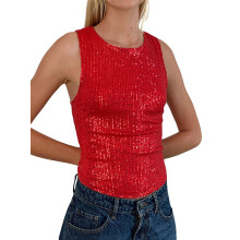 (M, Red) Women's Shine Sequin Tank Tops Sleeveless Crew Neck Glitter Slim Fit Vest for Club
