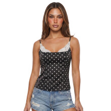 (L, black) Women's Dots Print Cami Tops Sleeveless Spaghetti Strap Scoop Neck Camisole Summer Shirt