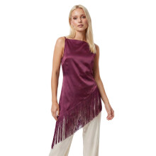 (S, Red Brown) Women Summer Satin Camisole Casual Asymmetrical Tassel Spaghetti Straps Tank Tops for Club Streetwear
