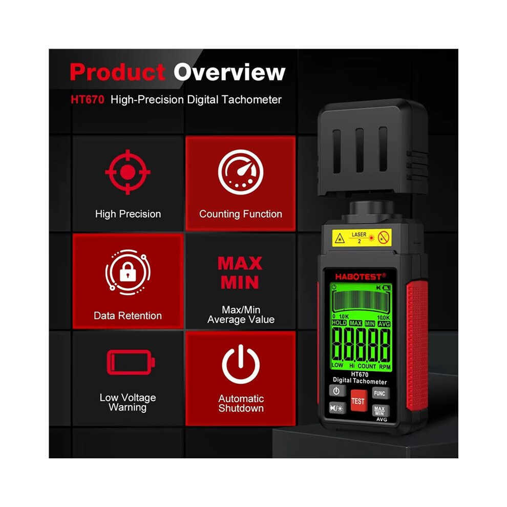 Habotest Ht670 Digital Tachometer Non-Contact Rpm Meter 2.5-99999Rpm With Lcd Backlight For Motor Engine Speed Measurement 6033327682141