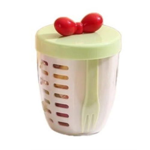 Double Wall Salad Cup Portable Leak Proof Oat Container with Fork Handle Drain Fruit Cup Cute Breakfast Cup Green