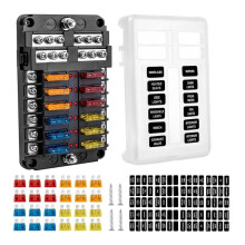 12 Way Fuse Block, 12V Marine Fuse Box with LED Indicator, Automotive 12-Circuit Blade Fuse Block with Waterproof Cover