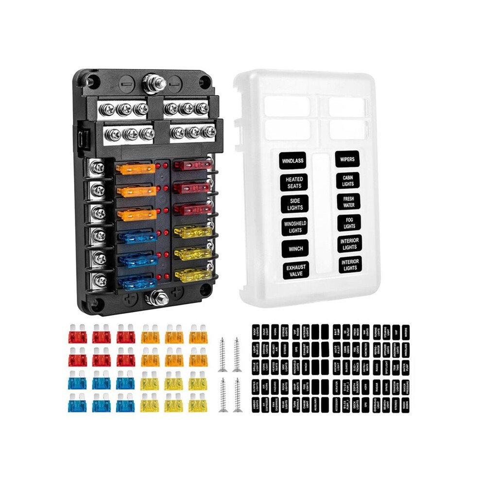 12 Way Fuse Block, 12V Marine Fuse Box With Led Indicator, Automotive 12-Circuit Blade Fuse Block With Waterproof Cover Red 4711228462995
