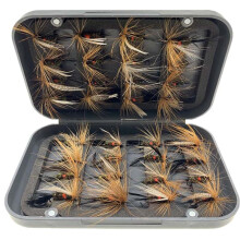 Forellenfliegen-Set, 32-Teiliges Fliegensortiment: Trockenfliegen, Nassfliegen, Nymphen, Streamer, Fliegenbox