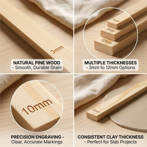 10pcs Clay Tools, Clay Rolling Pin Guides, Pottery Rolling Guide Pine Wood 10 Pieces, Assorted Thickness Set
