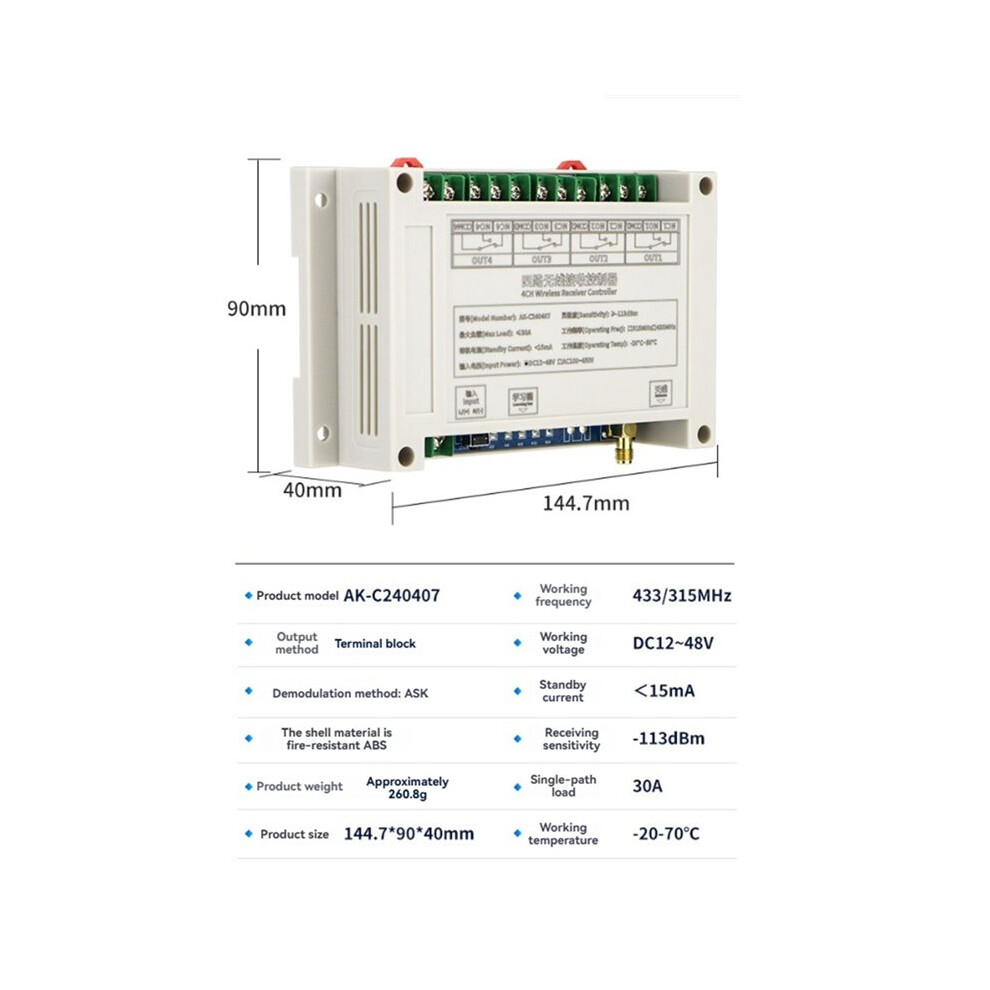 Dc12-48V 4Ch Wireless Remote Control Garage Door Automated Equipment Remote Control +Transmitter 433Mhz 4711638893945