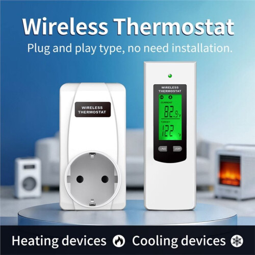 Plug Thermostat Temperature Controller+RF433Mhz Remote with LCD Display Heating/ Cooling Mode Switchable UK PLUG