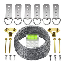 Zware Ophangset voor Schilderijen met Draad - D-Ring, Schroeven, Ophanghaken, Waterpas. Draagvermogen Tot 45 Kg en een Lengte van Meer Dan 15,25