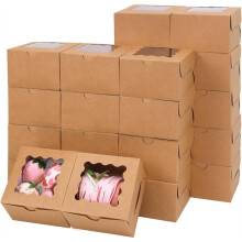 50pcs Bakery Boxes with Window, 4x4x2.5 Inches Brown Cookie Boxes Kit for Small Pastries, Cookies Treats and Desserts