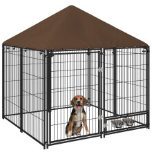 Canil externo para cães, feito de metal e tecido Oxford, com suporte para comedouro e cobertura resistente às intempéries.