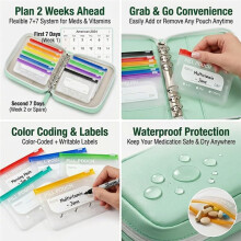 14-Day Waterproof Pill Pouch Set - Zipper Case with Daily Organizer for Medication Green