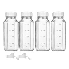 Saftflaschen Aus Glas mit Deckel, 4er-Pack Durchsichtige Glaswasserflaschen mit 2 Ausgießern, Wiederverwendbarer Milchkrug (473 Ml)