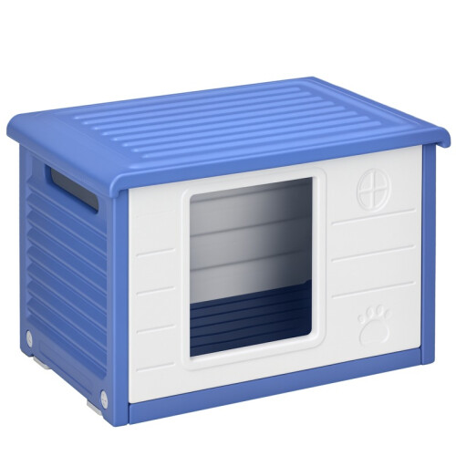 Cuccia per cani da esterno in plastica con aperture di ventilazione blu e bianche