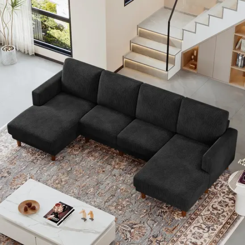 Corduroy U Shaped Sectional Sofa with Double Chaise