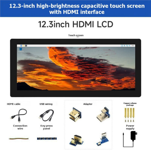 Monitor Automotivo LCD de 12,3 Polegadas Compatível com , Resolução 1920x720, Alto Brilho, Tela Sensível Ao Toque Capacitiva e Plugue Europeu. 1