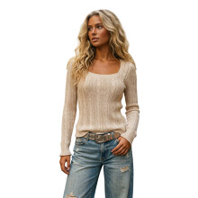 (L, Apricot) Women's Long Sleeve Knitted Tops, Square Collar Crocheted Thick Sweater, Solid Color Casual Pullover