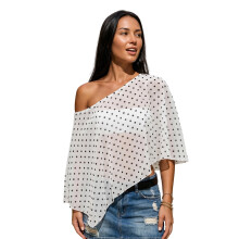 (L, White) Women's Off Shoulder Chiffon Poncho Tops Dot Print Sheer Asymmetrical Blouse for Summer Party