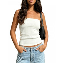 (L, White) Women's Knit Tube Tops Summer Fashionable Off The Shoulder Solid Color Sleeveless Slim Fit Shirt