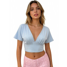 (L, Blue) Womens Crop Tops Short Sleeve Deep V Neck Slim Fitted Solid Color Ruched Summer Shirts