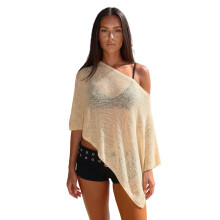 (M, Yellow) Womens Knit Poncho Tops Mesh See Through Lightweight Asymmetrical Cape Solid Color Shawl
