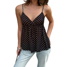 (L, Black) Women's Babydoll Tank Tops Stylish Dot Print Loose Hem V Neck Spaghetti Strap Camisoles