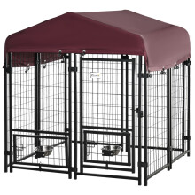 Hondenren/puppyren voor buiten met dak van Oxford-stof, 2 draaibare voerbakhouders en 8 panelen.