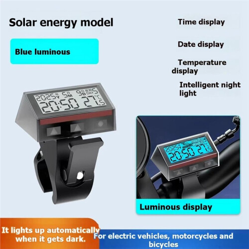 Motorcycle Ebike Solar Power Clock with Date Week Temperature LCD Backlit Display Waterproof Thermometer with Stand B 2