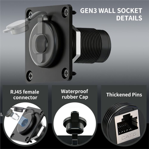 Pass Through Wall Socket for Gen3, RJ45 CAT6 Ethernet IP68 Waterproof Bulkhead Panel Socket 2