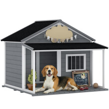 Canil externo para cães com terraço e telhado de betume, madeira, 124 x 112 x 105 cm, cinza