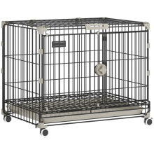 Gaiola dobrável para cães, bandeja removível, rodas com freios, teto que abre, porta para alimentação, preta.