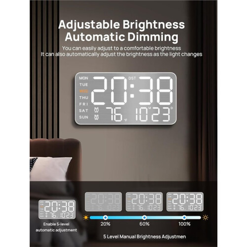 8.4''Large Digital Wall Clock,Led Alarm Clock with  Digits,Date,Temperature, DST,5-Level Brightness for Room,Bedroom 2