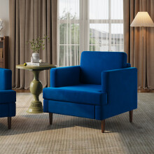 Mid-Century Modern Blue Fleece Fabric Accent Armchair 76x80x80cm, Solid Wood Frame & Detachable Wooden Legs Single Sofa