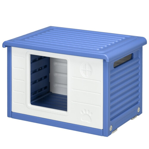 Cuccia per cani da esterno in plastica con aperture di ventilazione blu e bianche 1