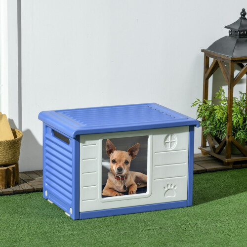 Cuccia per cani da esterno in plastica con aperture di ventilazione blu e bianche 2